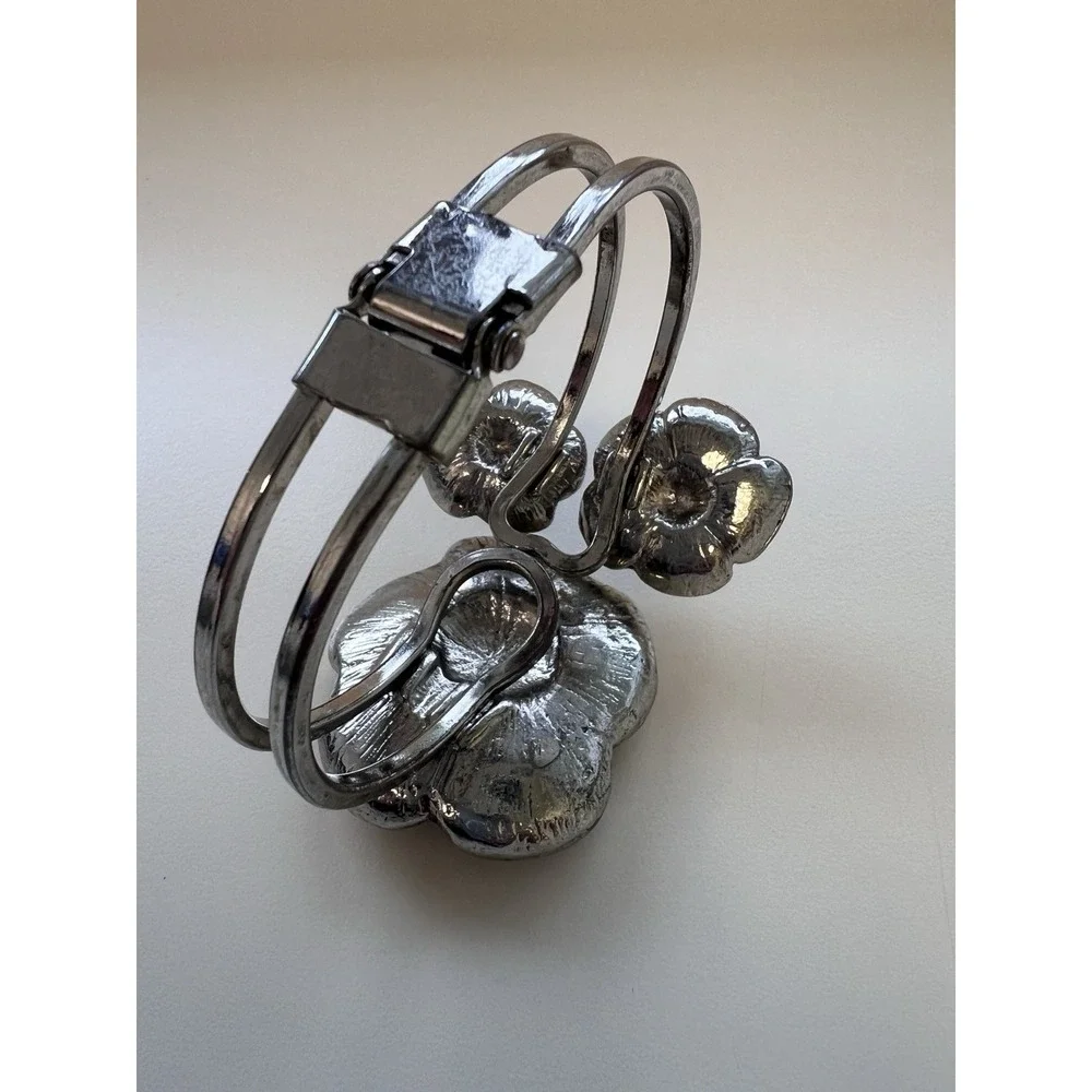Silver Toned Flower Floral Poppy‎ Cuff Rigid Bracelet Bohemian Festival Fairy